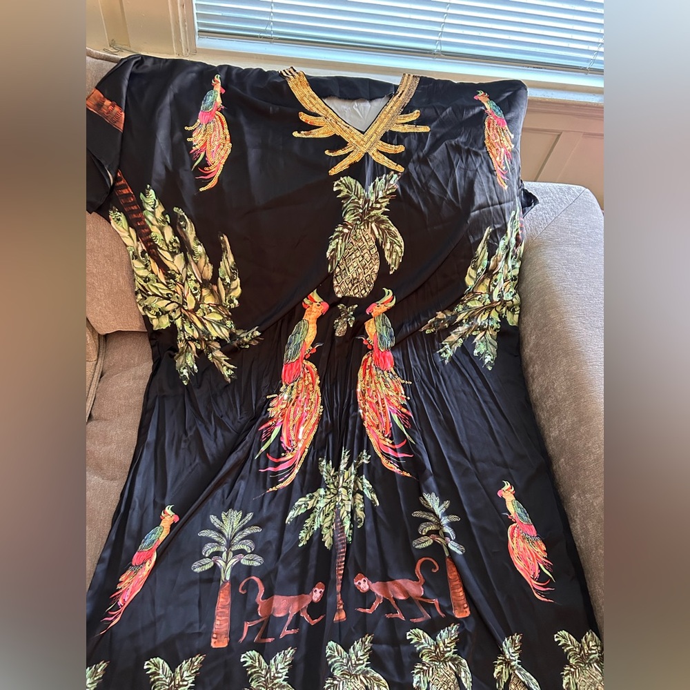 NWT Tropical Black Dress with Parrot and Pineapple Design with sequin embroidery